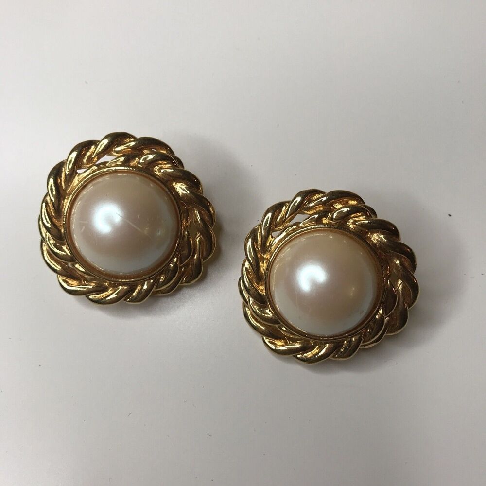 Vintage Faux Pearl Clip On Earrings Gold tone braided trim Large button Style